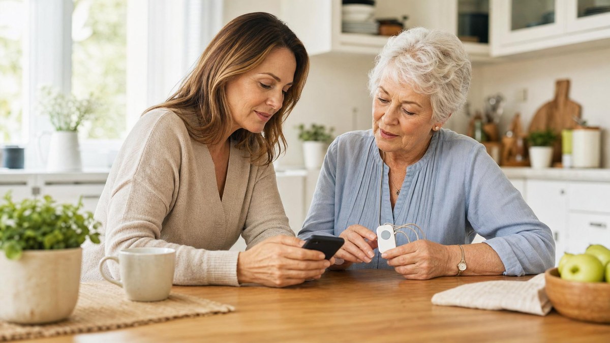Adult child and older parent reviewing senior safety options at a kitchen table